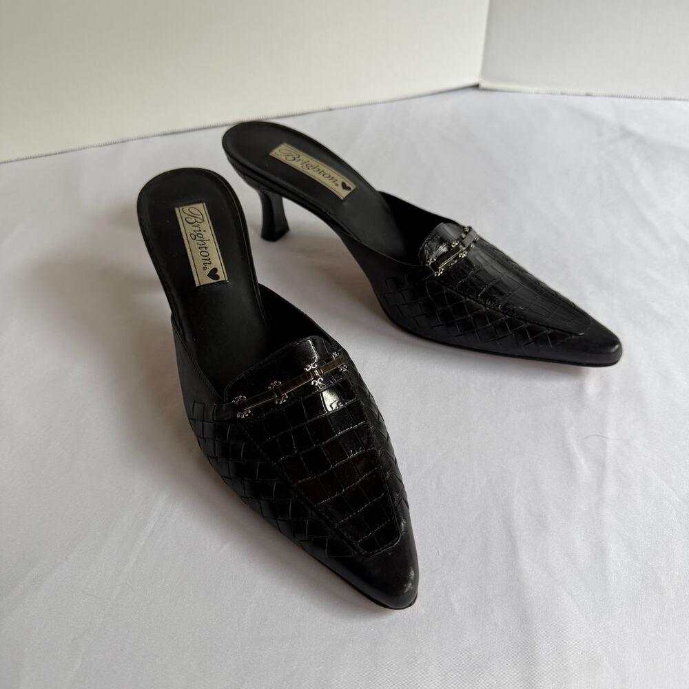 Brighton Pamela Black Leather Croc Kitten Heel Mules Size 8.5 Preppy Elevated